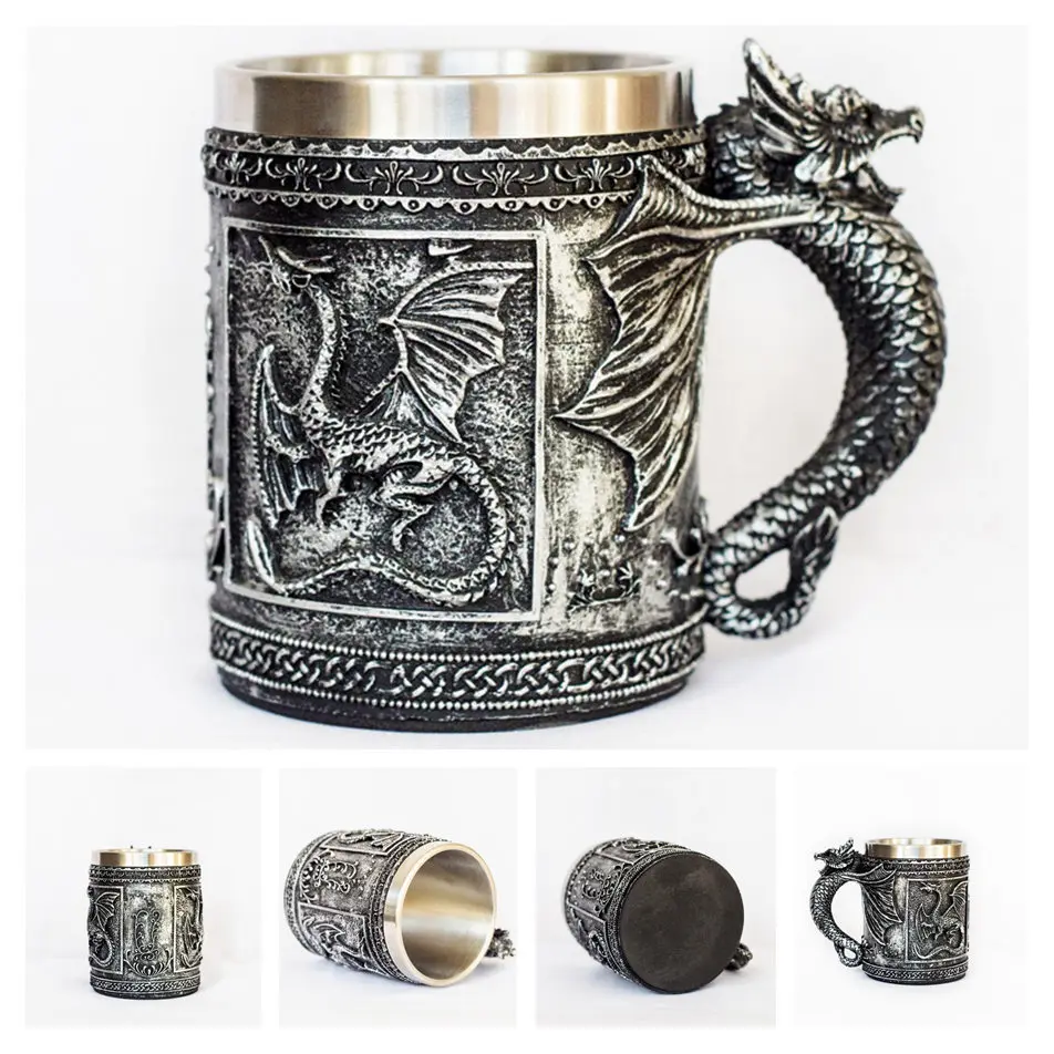 Silver Flying Dragon Череп Дракон из смолы нержавеющая сталь Пивная кружка Ретро рыцарь Танкард Хэллоуин кофейная чашка креативный Викинг чайная кружка Паб Бар украшения - Цвет: Silver Flying Dragon
