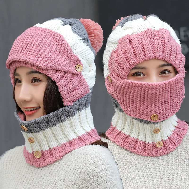 

Teenage adult girl earmuffs wool hat female winter days cold knit hat plus velvet thick warm mask bib one bike cap 2MZ2