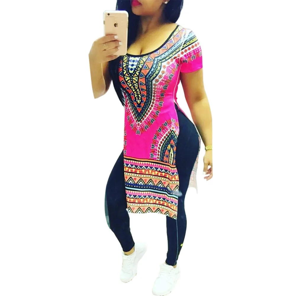 2016 Fashion popular women dress summer Keen-Length O-Neck short sleeve vintage Slit print club dashiki | Женская одежда