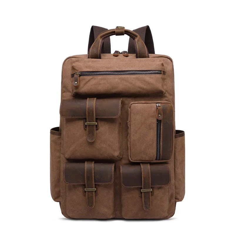 

Dropship Europe Luxury Canvas Leather Travel Backpack Mens Waterproof Duffle Bags Large Capacity Canvas Luggages Rucksacks Big