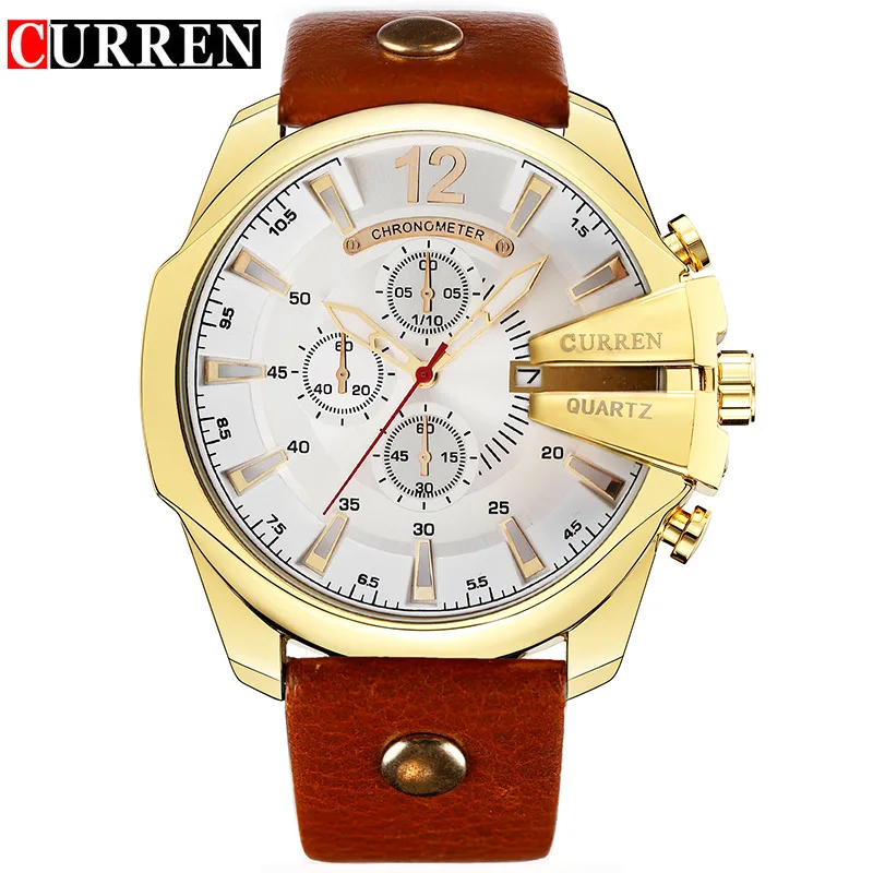 gold white CURREN мужские часы Топ бренд Роскошные модные кварцевые часы золотые мужские часы кожа Hodinky Reloj Hombre - Цвет: gold white