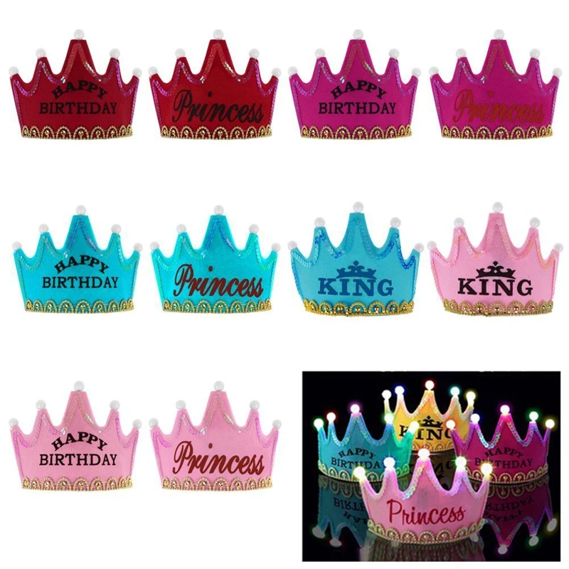 Prince Princess Crown Birthday Party LED Light up Hat Cap kids Girls &amp Boy adult Event Built-In Button Batter | Дом и сад