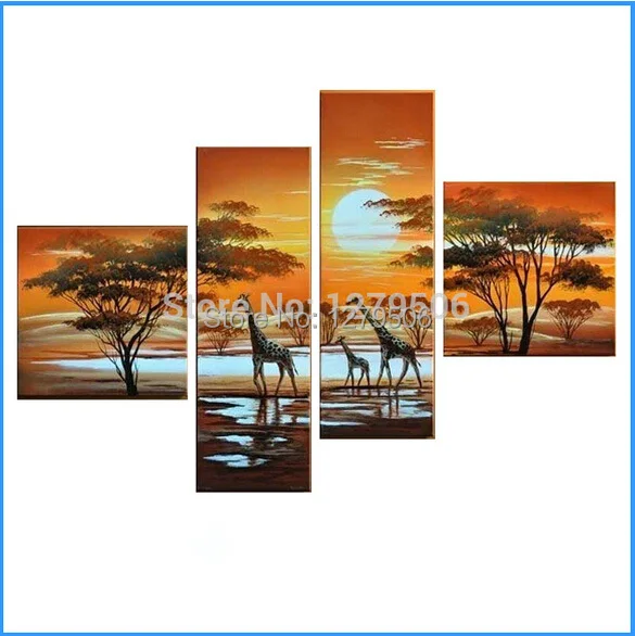

Hand Painted Modern Abstract Oil Painting On Canvas Landscape 4 Piece Wall Art Africa Giraffe Picture For Home Decor Unique Gift