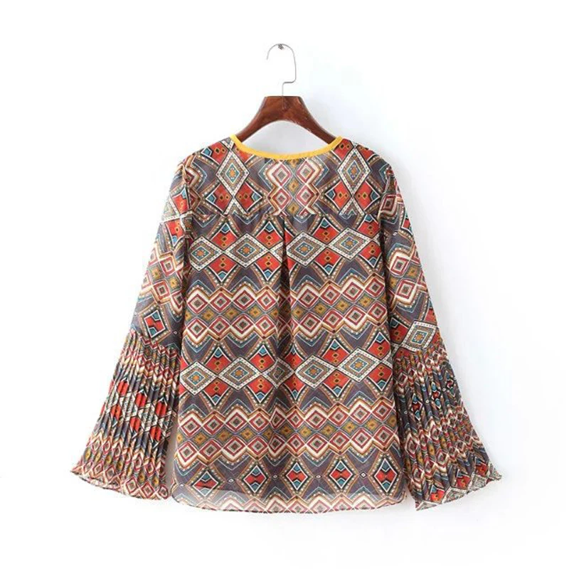 PERHAPS U women boho yellow red bohemian chiffon bow lace up geometric flare sleeve o neck blouse shirt female B0014 |