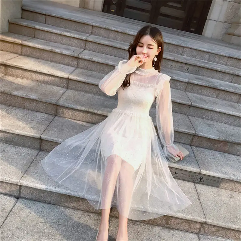 Корейское летнее платье 2018 женское Повседневное Сетчатое с длинными рукавами