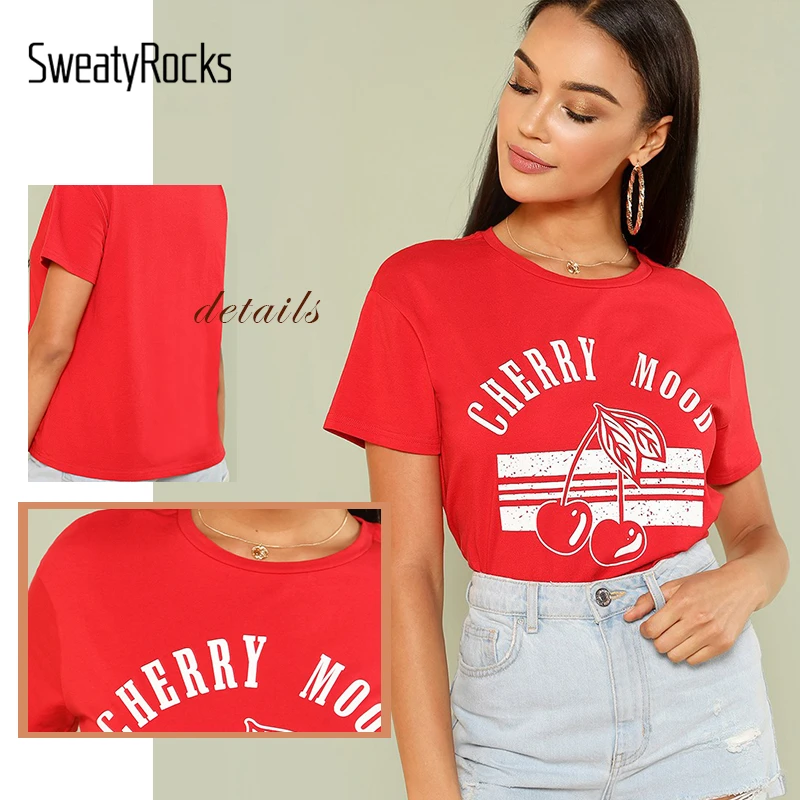 SweatyRocks неоновая Красная футболка с буквенным принтом Уличная Повседневная Женская футболка с коротким рукавом и топы летняя модная базовая футболка