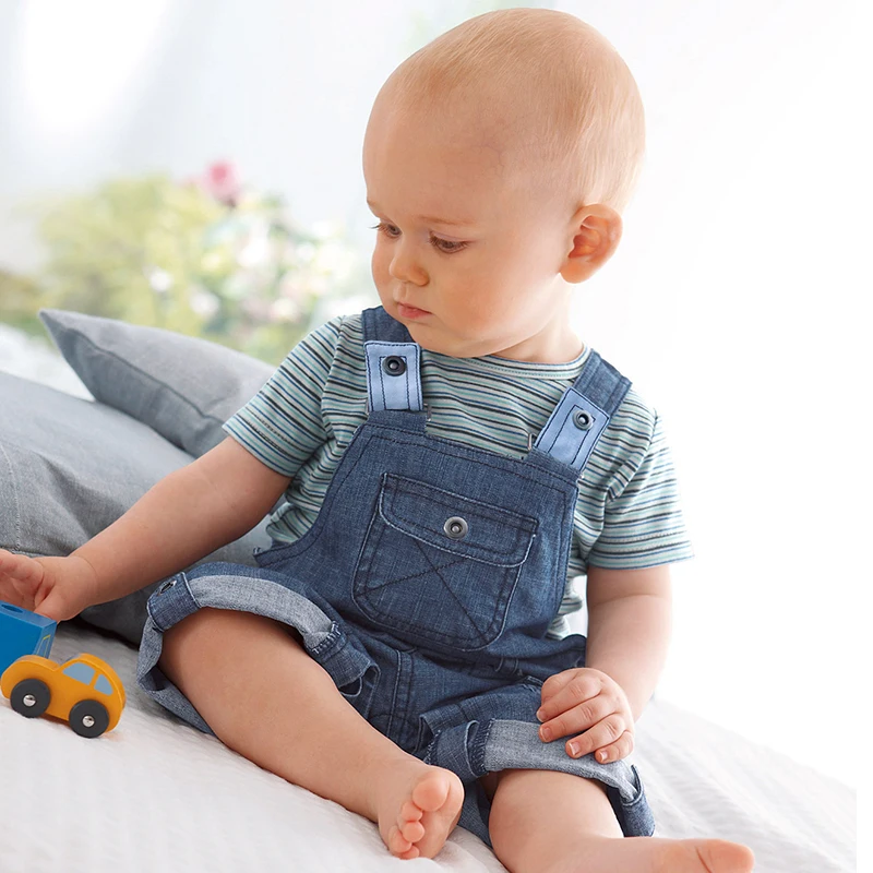 2pcs Denim Baby Clothing Set New Born Kids Overalls Boys Short Sleeve Striped Tops and Suspender Trousers Pant |