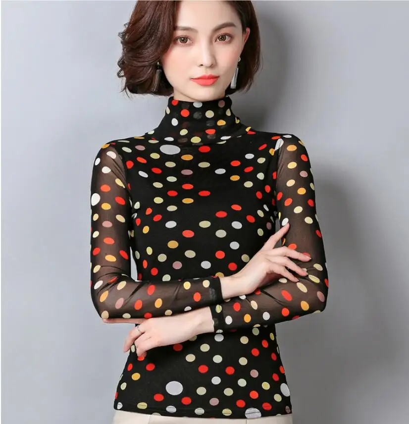 

Korean Fashion Ladies Tops Fashion Turtleneck Polka Dots Mesh Female Long Sleeve Plus size M-4XL Black Women Blouse Top