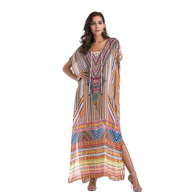 Пляжное платье знаменитостей с принтом большого размера Boho Летнее Длинное