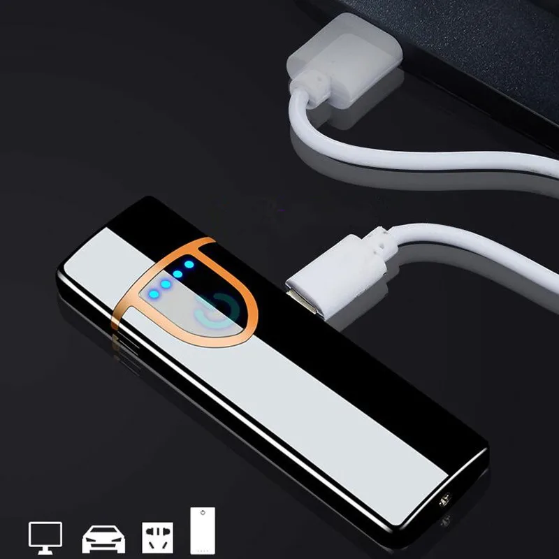 Тонкая зарядка через USB Зажигалка с сенсорным экраном зажигалки для электронных сигарет маленький ветрозащитный негорящий перезаряжаемый Электрический Зажигалка
