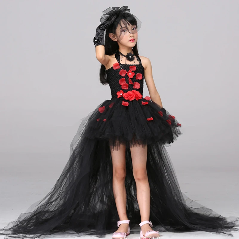 Платья для девочек POSH DREAM черные цветы лепестки стразы вечерние красные детское