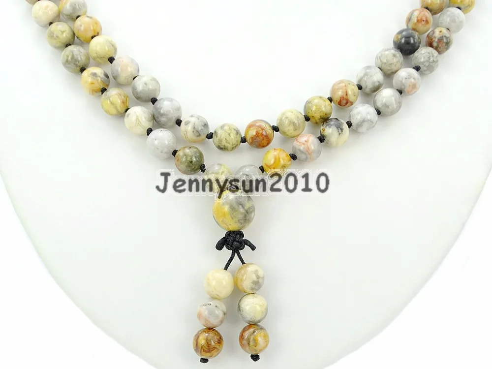 

Natural Crazy Lace Ag-ate 8mm Gems Stone Buddhist 108 Beads Prayer Mala Knot Necklace Multi-Purpose 5Strands/Pack