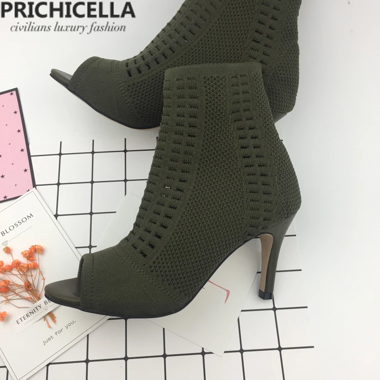 Prichicella женские бежевые вязаные с открытым носком высокий каблук ботильоны эластичные Носки пинетки
