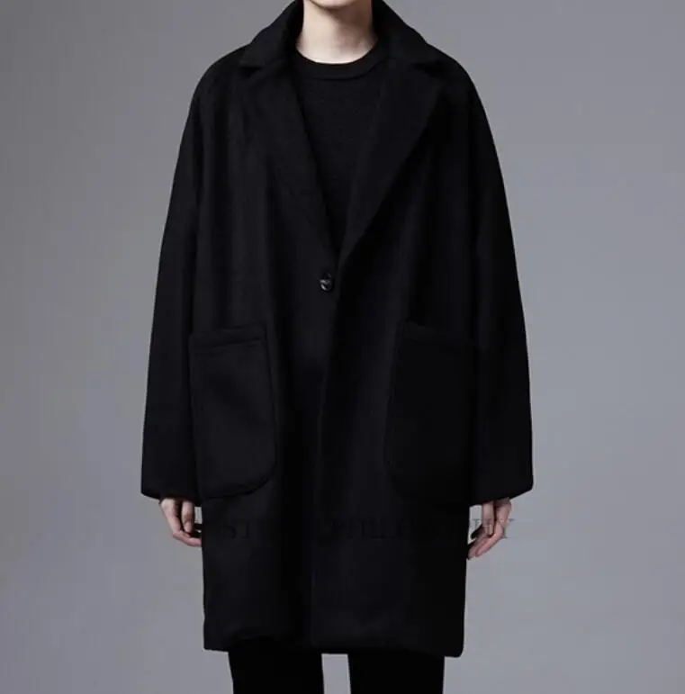 

S-6XL / HOT / Spring Men's New Fashion Personalized customization Wide raglan sleeves, loose black woolen coat