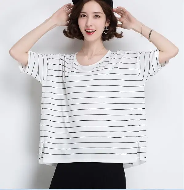Women's knit linen cotton blouse tops summer fashion side split striped loose knit linen blouse shirt short sleeve