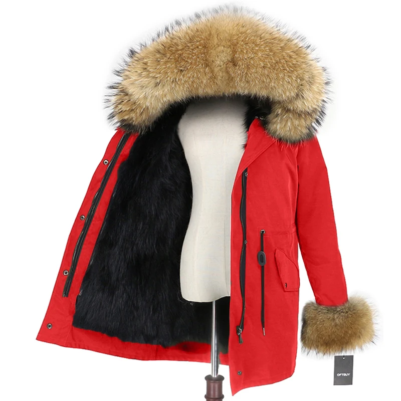 red black natural OFTBUY, водонепроницаемая парка, зимняя куртка, Женское пальто с натуральным мехом енота, воротник с манжетами, подкладка из кроличьего меха, роскошный бренд - Цвет: red black natural