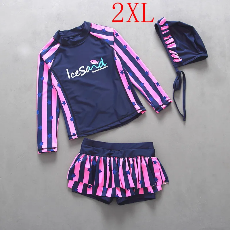 SIZE 2XL Детский купальный костюм для девочек, фиолетовый, с защитой от солнца, с длинным рукавом, из трех частей, купальный костюм для девочек, пляжный костюм, купальные костюмы - Цвет: SIZE 2XL