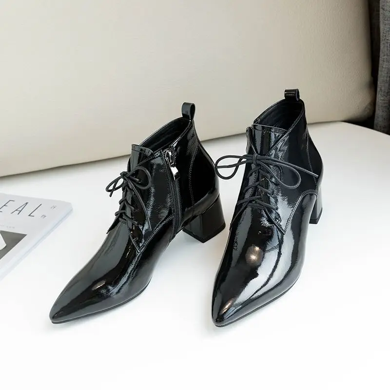 ALLBITEFO fashion retro genuine leather pointed toe high heels women boots ankle boots for women leather boots girls shoes