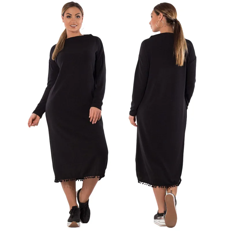 Женское однотонное прямое платье с длинным рукавом и круглым вырезом|loose dress|dresses