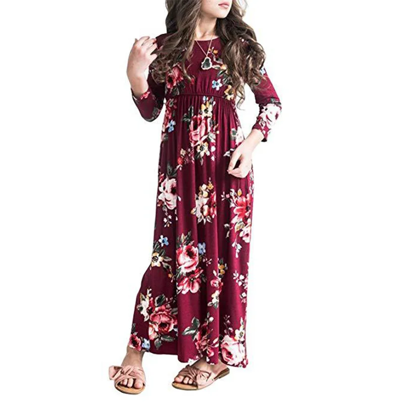 

Girls Flower dress 3/4 Sleeve Pleated Casual Swing Long Maxi big kids girls Dress with Pockets