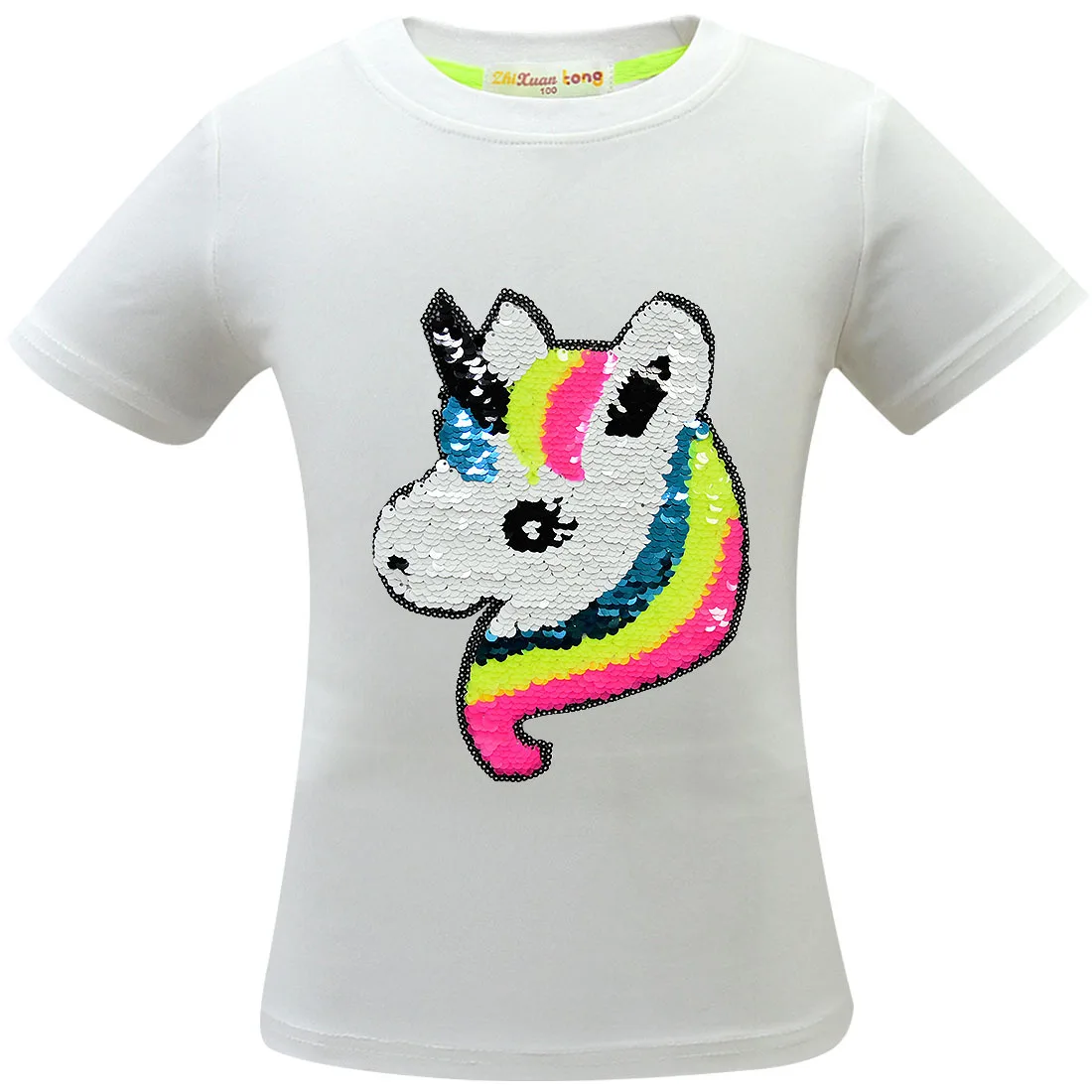 100% cotton Toddler Kids 2019 New Girls Unicorn Clothing Tops Summer Short sleeve Double-sided sequins T-shirt Clothes | Мать и ребенок