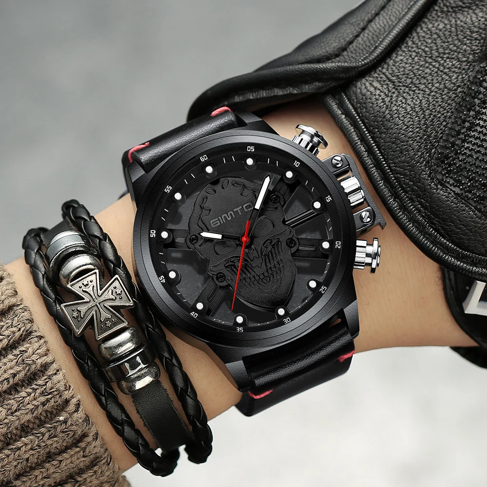 Мужские наручные часы GIMTO Роскошные Кварцевые в стиле панк с черепом кожаным