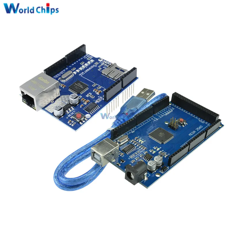 Один комплект MEGA 2560 R3 ATmega2560 AVR USB плата + W5100 кабель для Arduino MEGA2560 5V Заменить