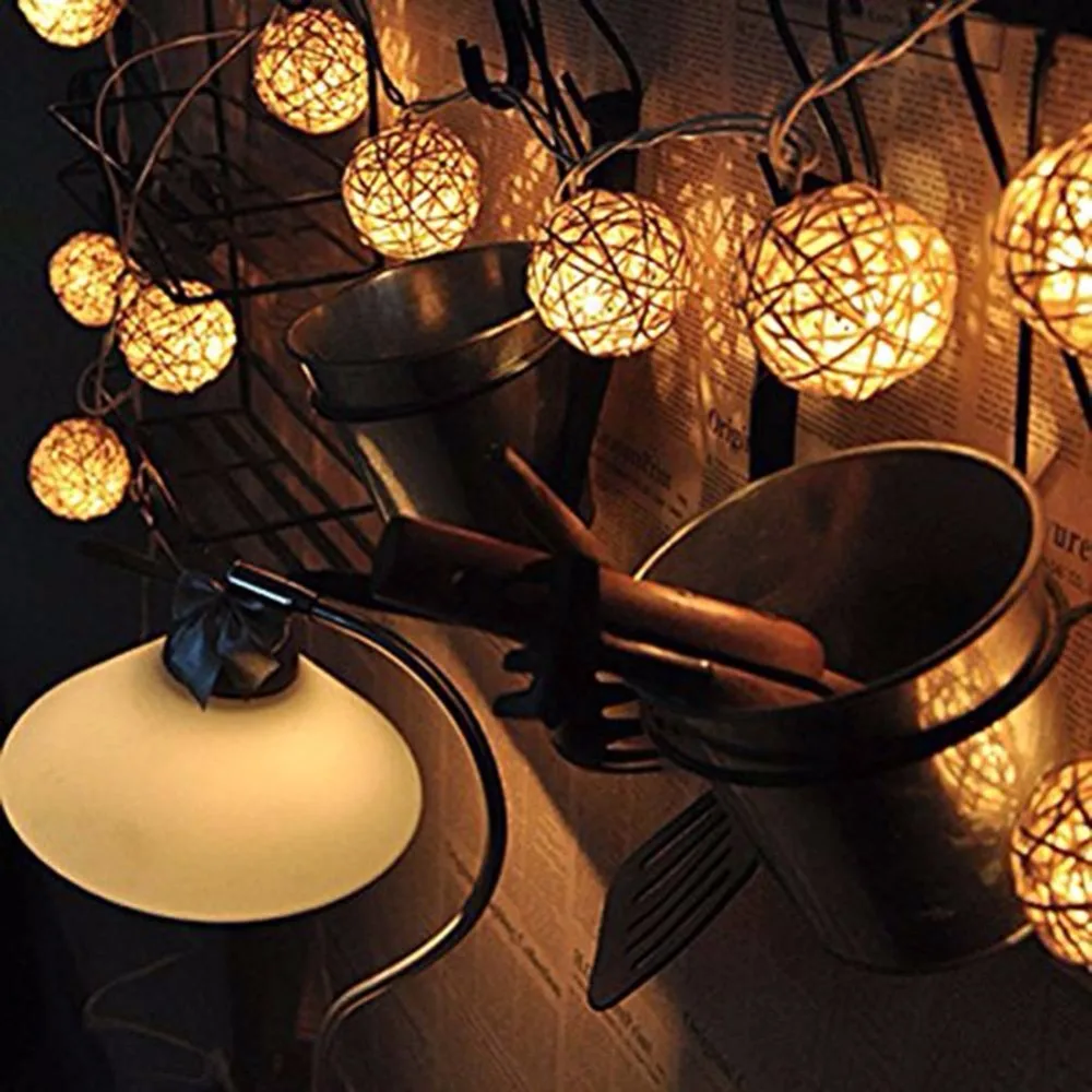 Гирлянда из 20 светодиодных шаров теплого белого цвета ротанга сказочные огни на