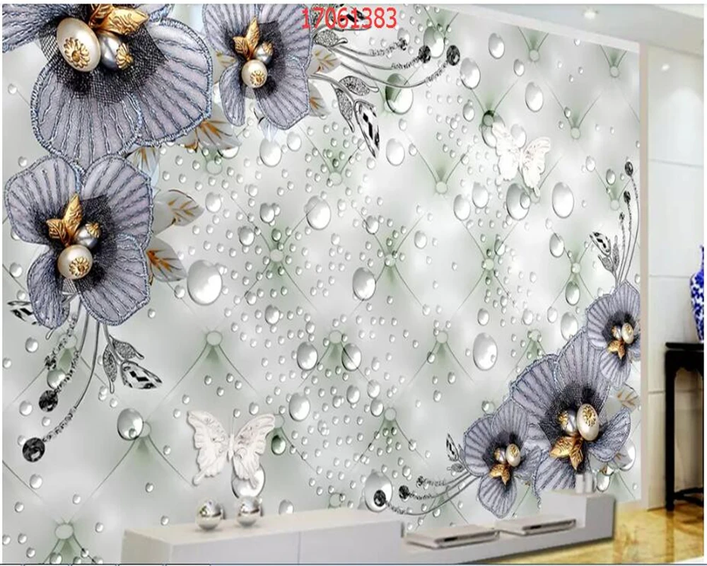 

beibehang Custom size beautiful fashion 3D crystal diamond jewelry pearl flower TV background wall decorative painting wallpaper
