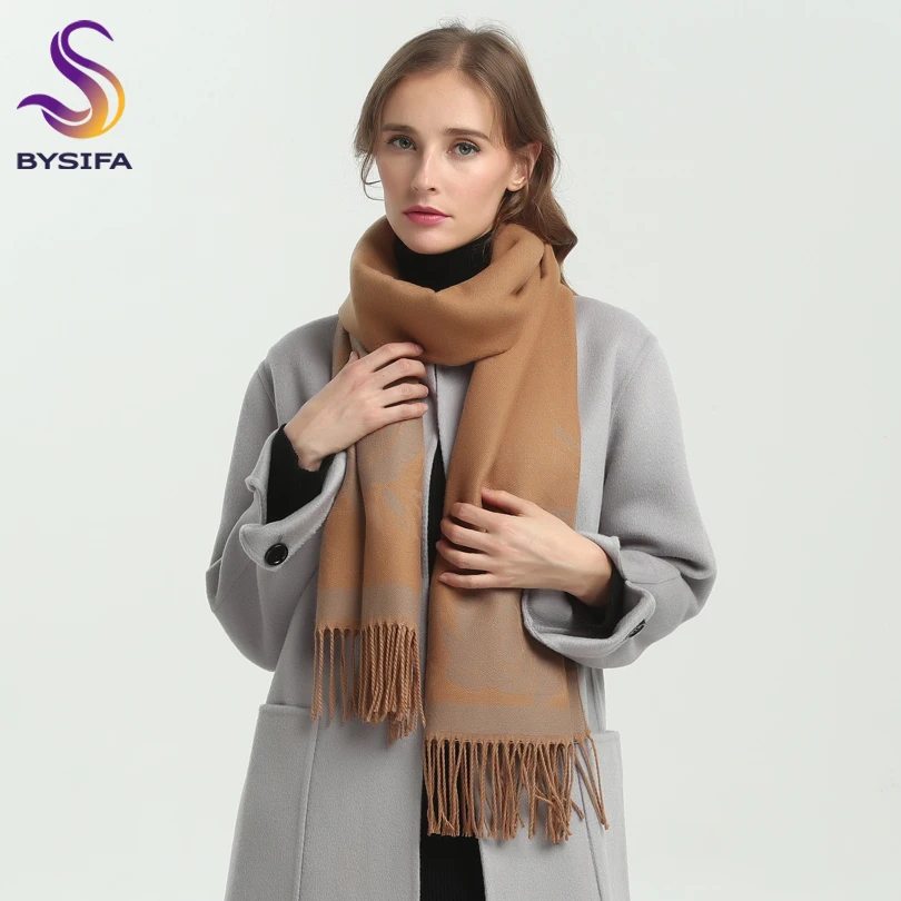

[BYSIFA] Winter Women Khaki Cashmere Scarves Shawl 2018 New Brand Autumn Europe Thick Warm Tassel Long Scarves Pashmina 190*65cm