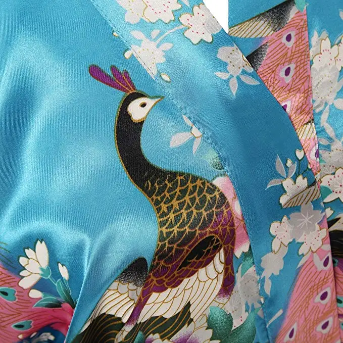 

FZSLCYIYI Female Peacock Kimono Robe Sexy Floral Bridal Bridesmaid Robes Woman Flower Party Wedding Long Sleepwear Bathrobe