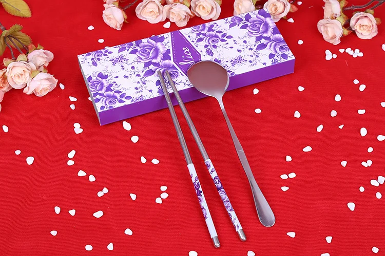 

DHL Free shipping 100 sets/lot wedding favors wedding gifts spoon and purple stainless steel chopsticks