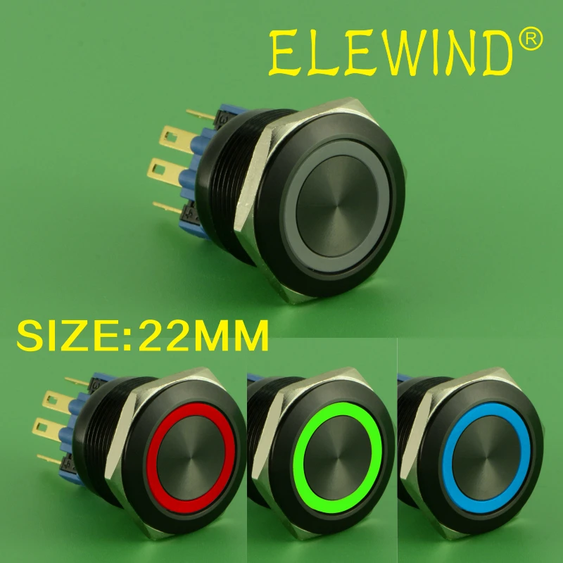 ELEWIND 22 мм RGB 3 светодиода черный Мгновенный кнопочный переключатель (PM221F 11E/RGB/12 В/A 4