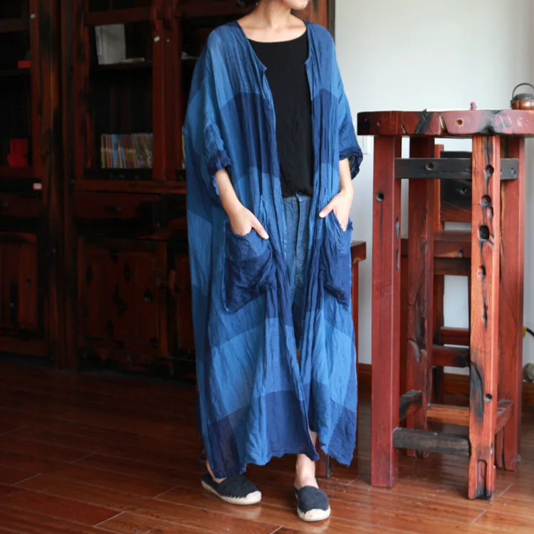 Женский Осенний свободный тренчкот из промытого льняного полотна 2021 клетчатый с