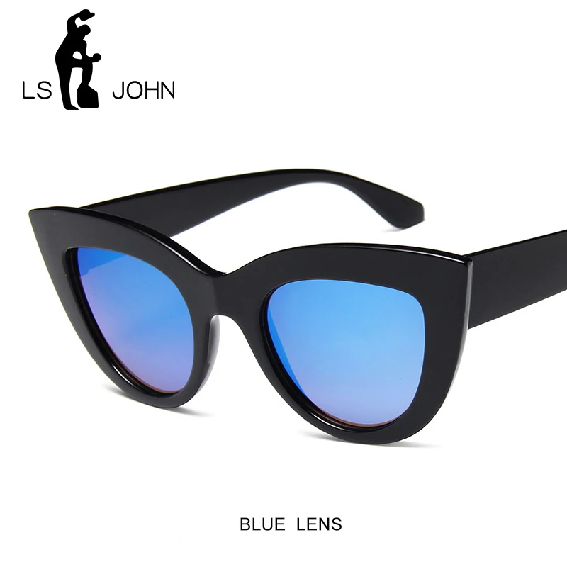 LS JOHN, кошачий глаз, солнцезащитные очки для женщин, фирменный дизайн, Ретро стиль, солнцезащитные очки, женские, модные, кошачьи глаза, очки, UV400, оттенки - Цвет линз: BLUE LENS