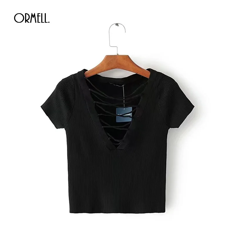 ORMELL Fashion Short Women Deep V Neck T-shirts Summer Hollow Out Bandage Ladies Tops 3 Colors Solid Female Casual Sweater Tees | Женская