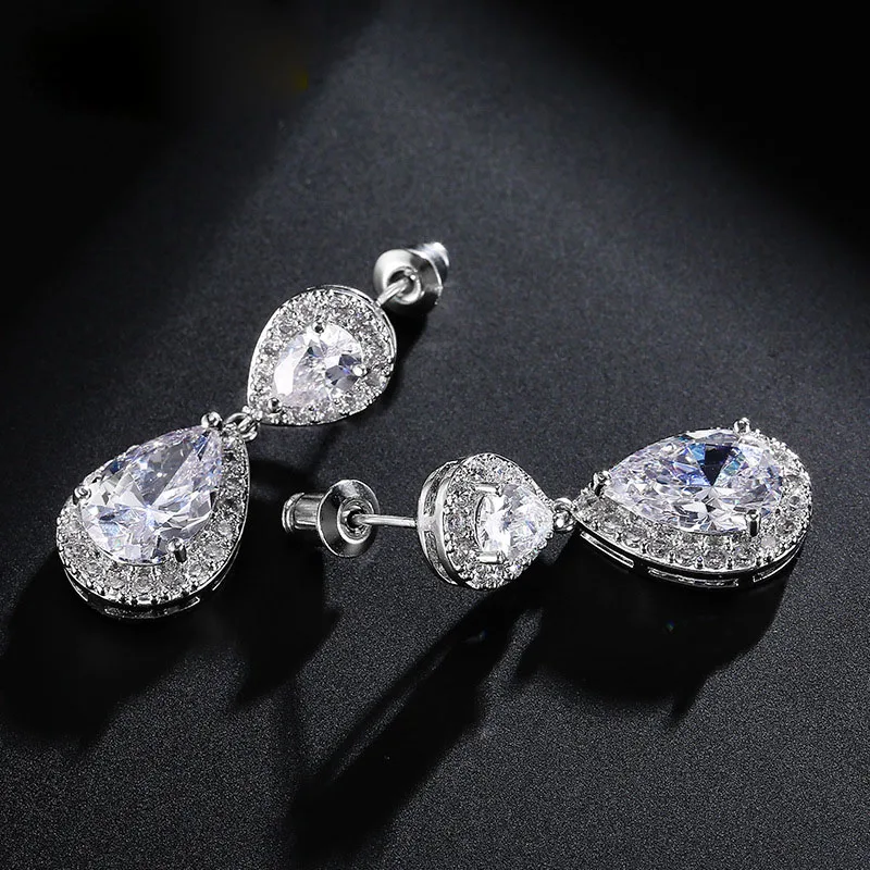 

SLBRIDAL Austrian Rhinestone Teardrop Cubic Zircon Jewelry Set Bridal Wedding CZ Necklace Pendant Earring Set Fashion Jewelry