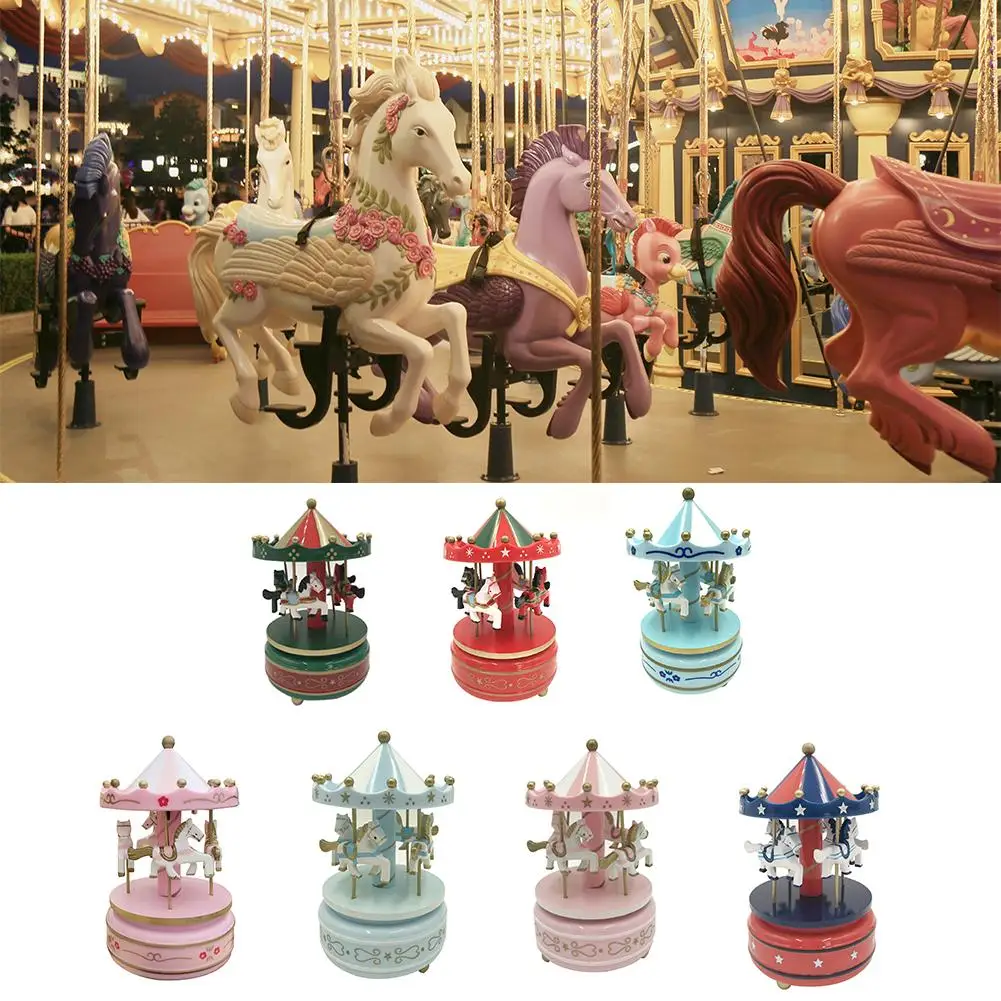 Merry-go-круглые музыкальные шкатулки, Геометрическая музыка, украшение детской комнаты, подарки унисекс, Деревянная Рождественская лошадь, карусель, коробка для домашнего декора