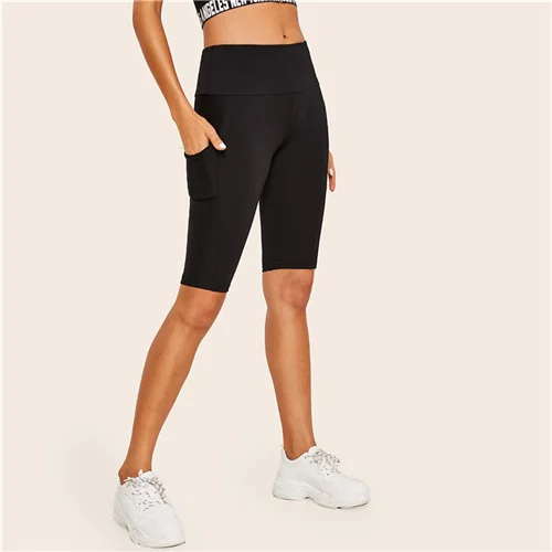 Черный Однотонные байкерские шорты SweatyRocks, женская одежда для активного отдыха, обтягивающие черные шорты, женские шорты s, летние шорты для активного отдыха с карманами - Цвет: Черный