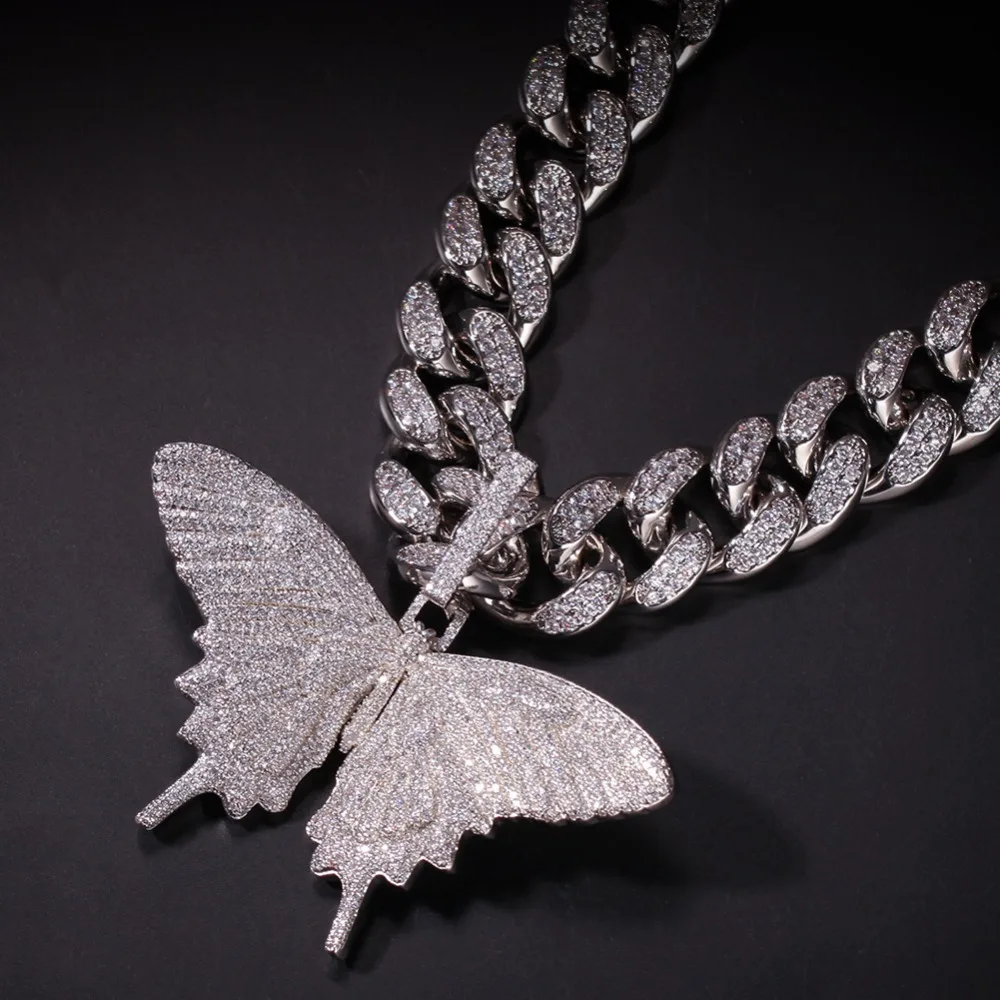 Хип хоп микро проложить AAA кубического циркония Bling льдом из животных Бабочка подвески ожерелья для мужчин рэппер ювелирные изделия золото серебро черный