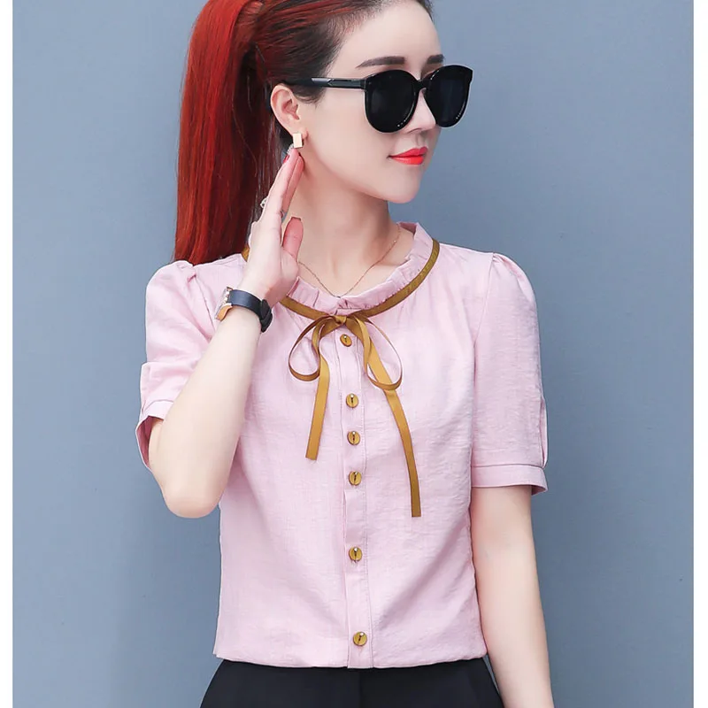 

Women Summer Style Chiffon Blouses Lady Girls Ruffles O-Neck Short Flare Sleeve Casual Blusas Shirts DF1931