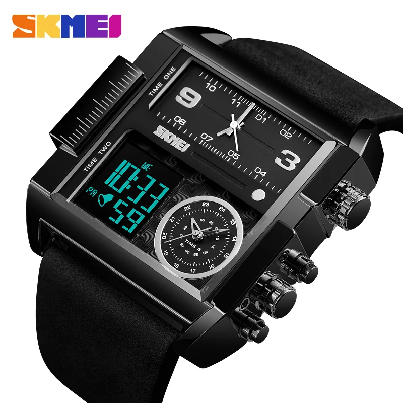 SKMEI Luxury Watch Men Quartz Wristwatches 3Bar Waterproof Leather Strap Big Dial Business LED Digital Sport Clock New | Наручные часы