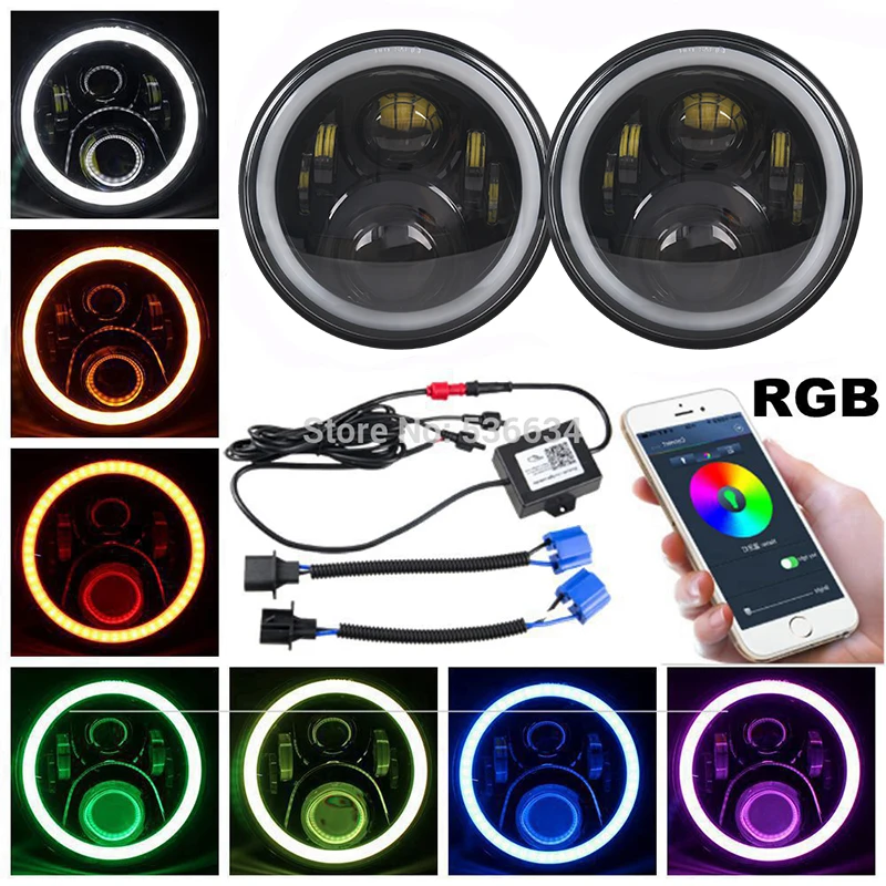 

1 Pair 7 Inch Black LED Headlights with RGB DRL Control For 2007-2017 Jeep Wrangler Unlimited JKU 4 Door,for AM General Hummer