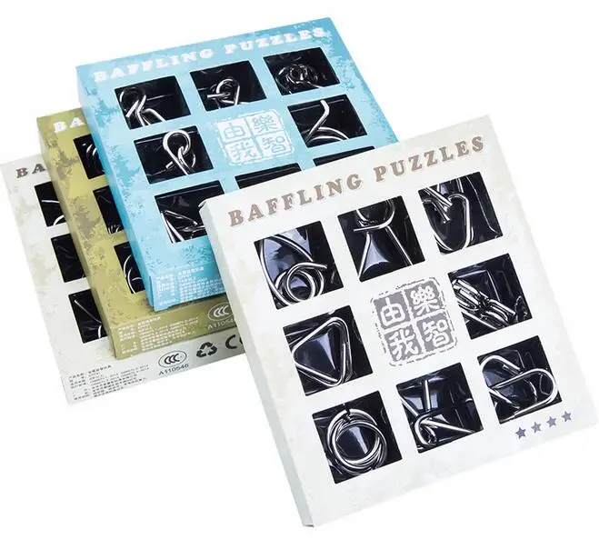 9 in 1 Set IQ Metal Brain Teaser Puzzle Logic Baffling Puzzles Game for Children Adults 12 in 1 intelligence brain training metal puzzles set silver