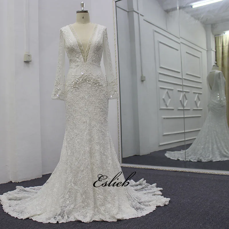 Eslieb Custom made Mermaid Wedding dresses V-NECK Beads wedding dress 2019 Long Sleeves Bridal Dresses Vestido de Noiva | Свадьбы и