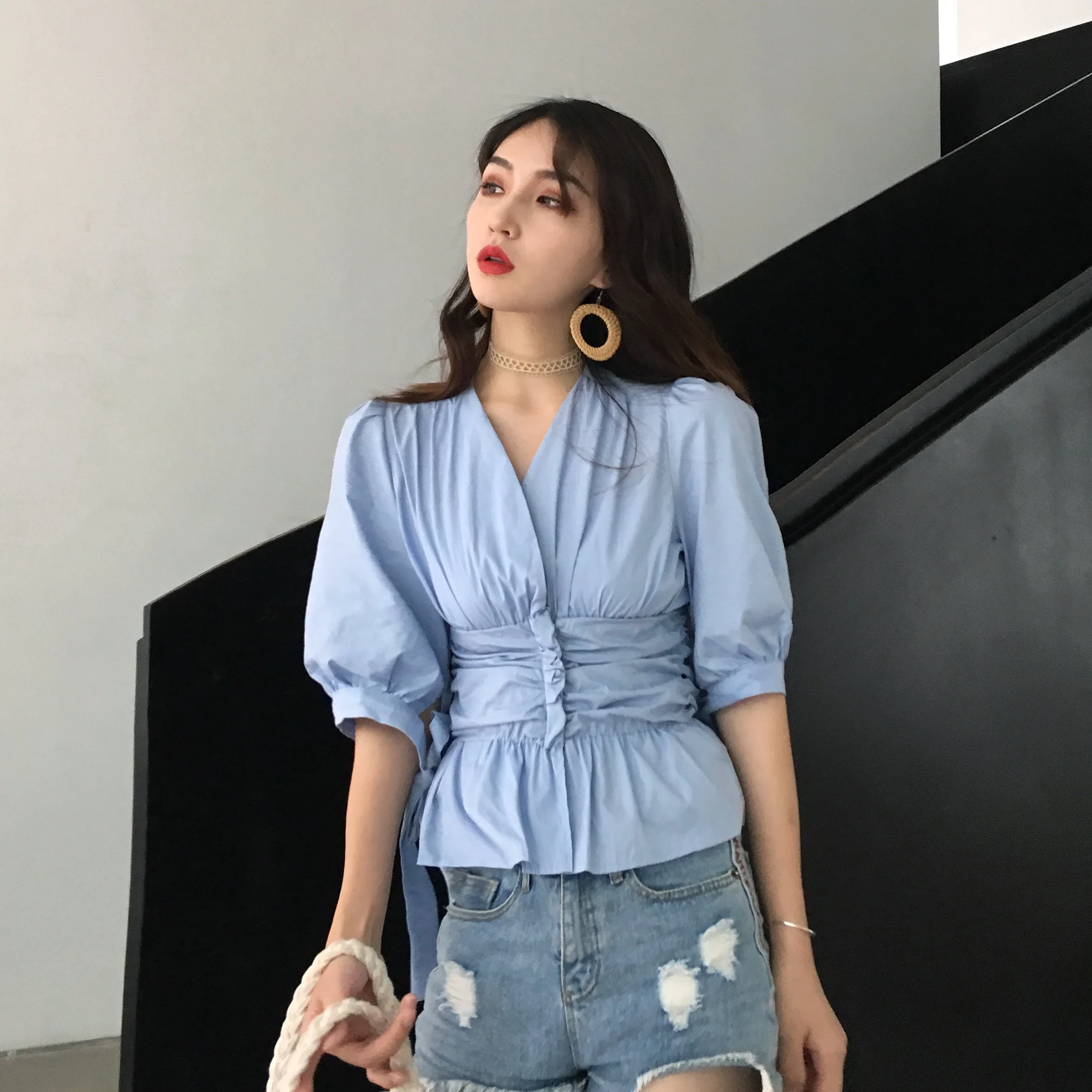 V-neck Blue Blouse Women Puff Sleeve Slim Vintage Korean Design Office Style Casual Shirt Temperament 2019 Summer Vogue |