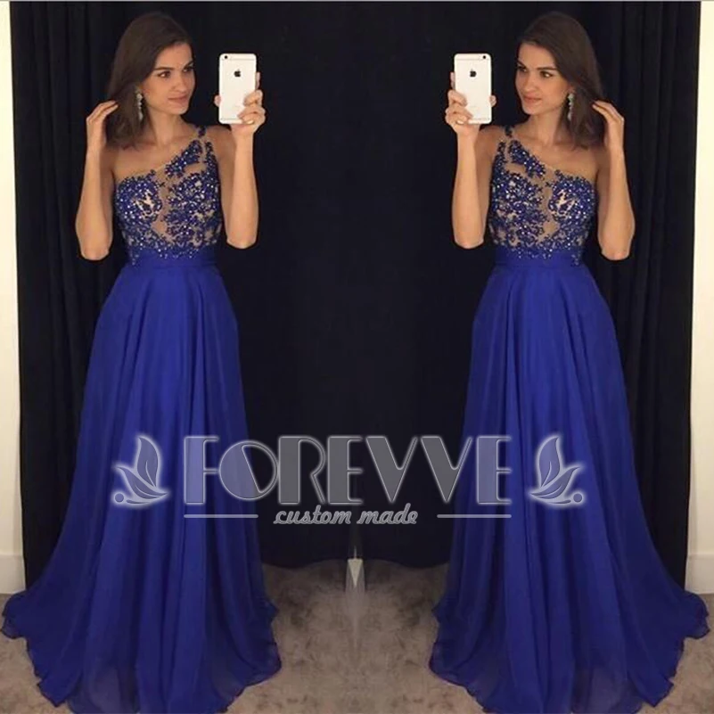 

Noble Royal Blue One Shoulder Prom Dress Long 2019 Sheer Appliques Crystal Formal Prom Dresses Vestidos De Fiesta Abendkleider
