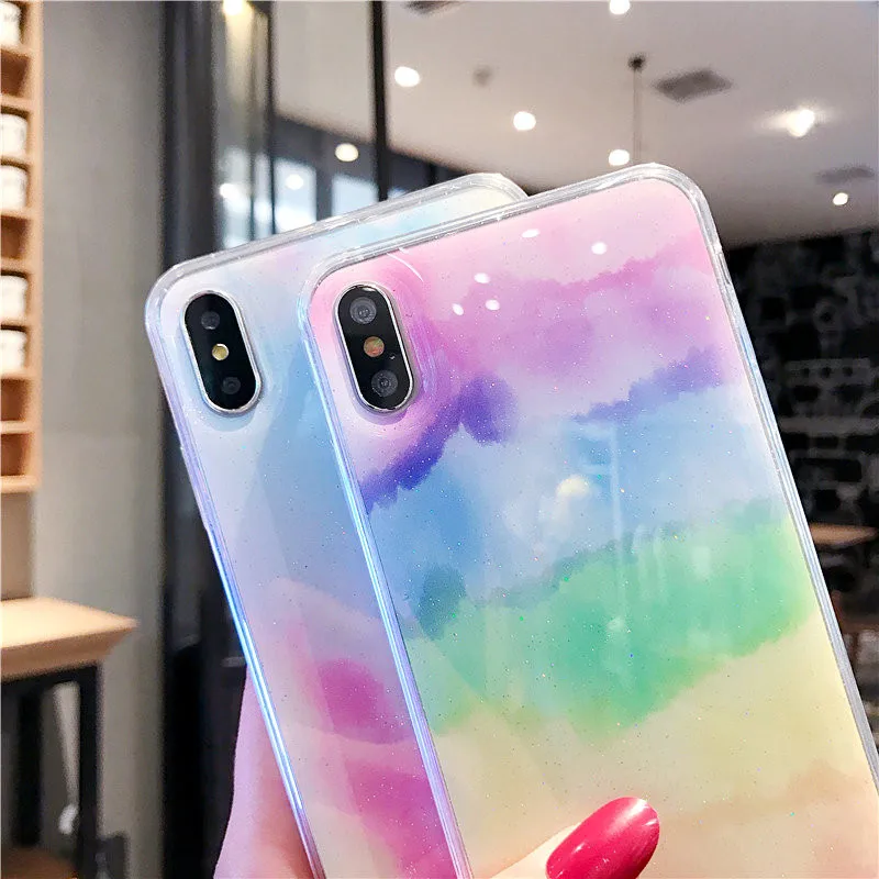 Transparent Soft Silicone Phone Cases for Apple iPhone 8 7 6 6s Plus X XR XS MAX Horse Glitter Epoxy On Rainbow TPU case cover |
