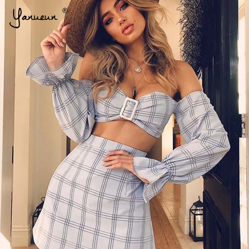 Yanueun 2018 эластичный без бретелек от Shouder с расклешенными длинными рукавами
