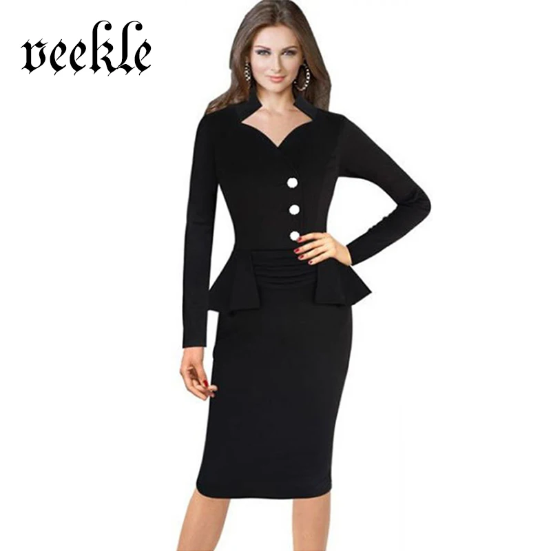 Veekle одноцветное 5 цветов деловая модельная одежда с длинным рукавом Bodycon Туника